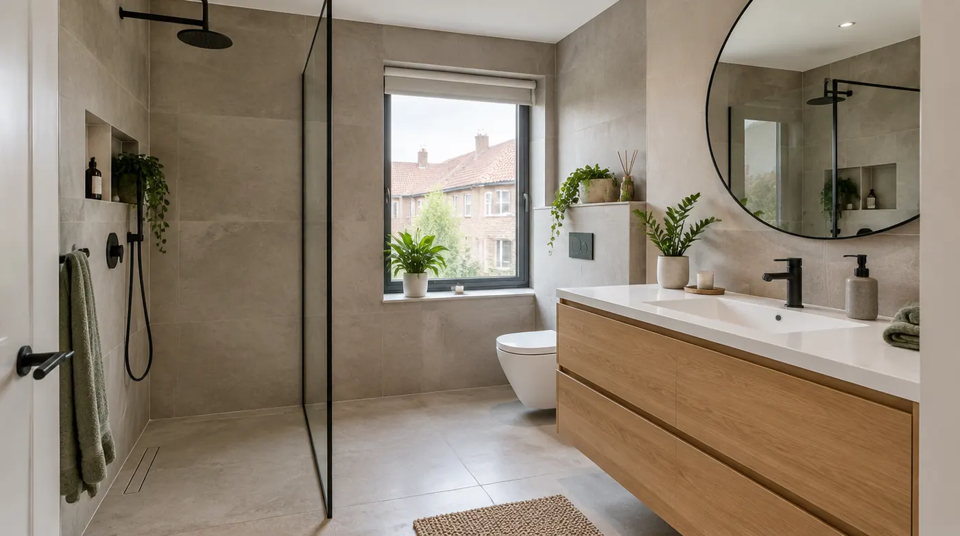 Gerenoveerde badkamer met inloopdouche en eiken badmeubel