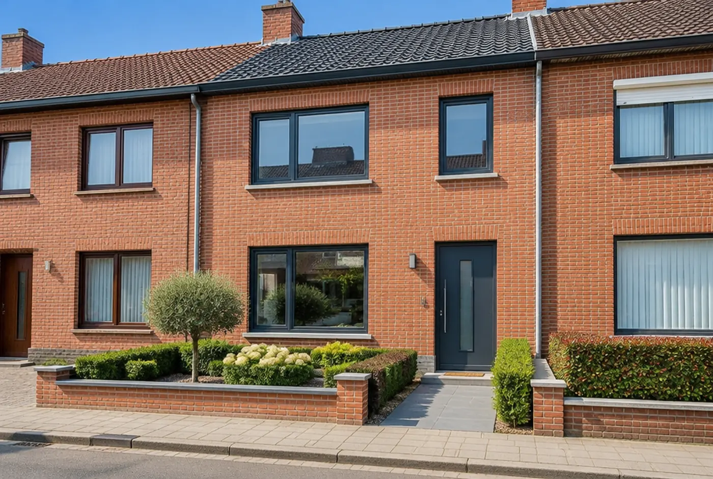 Gerenoveerde gevel van een Vlaamse rijwoning met nieuwe ramen