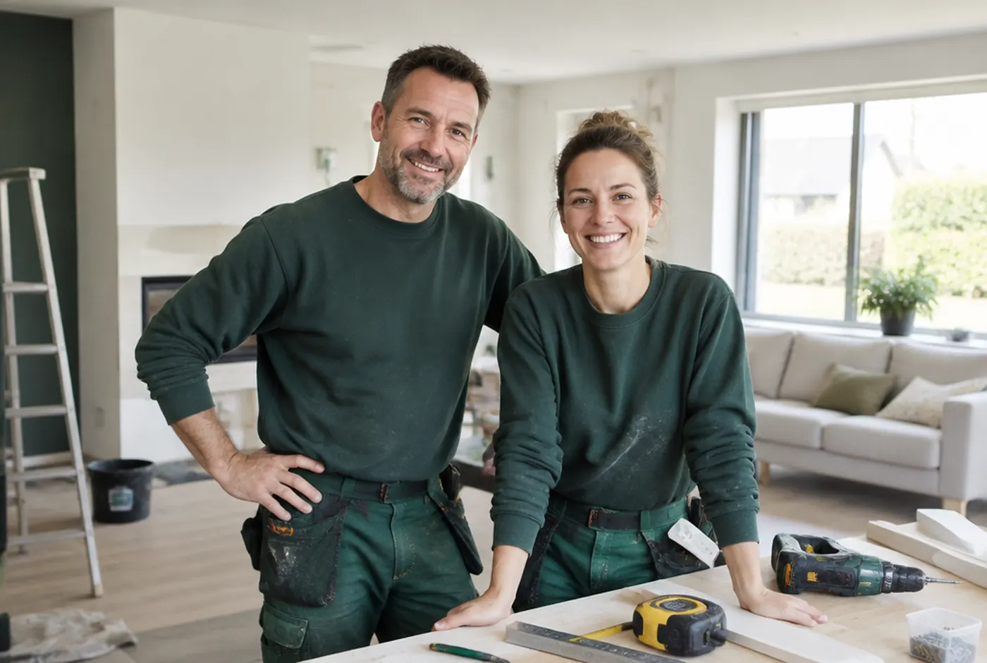 Twee vakmensen van Van Damme Renovatie in een gerenoveerde woonkamer